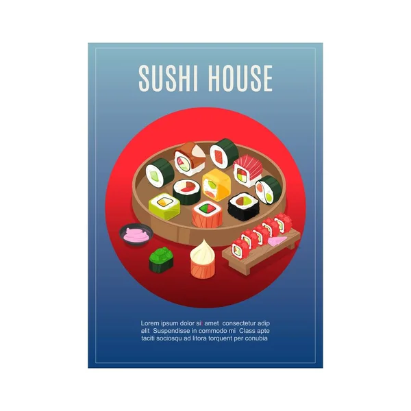 Sushi menü, ázsiai ételek a japán étterem, vektor illusztráció. Rajzoló tekercs, hal, rizs, zöldség és tenger gyümölcsei banner. — Stock Vector