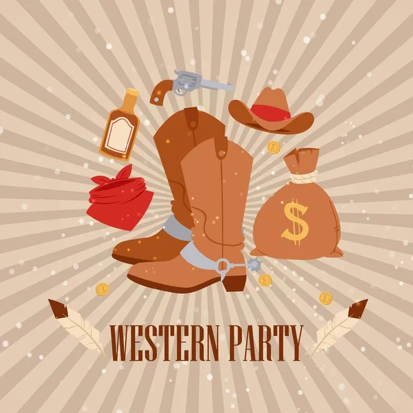 Festa americana de cowboy ocidental, ilustração vetorial. Design de banner de rodeio vintage com botas, banner de modelo de estilo grunge ocidental . — Vetor de Stock