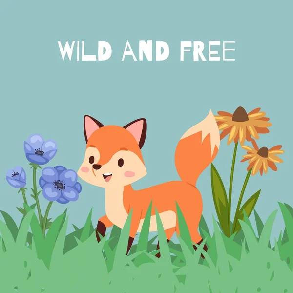 Fox animal banner, wild and free vector illustration. Decoration card poster with wild cute character, funny baby cartoon