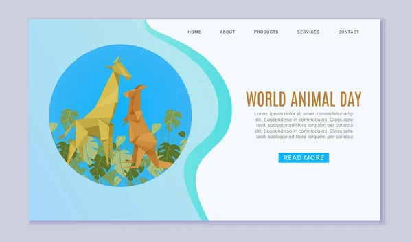 World djur dag web banner, vilda djur zoo design vektor illustration. Tecknad jord natur, vilda söta giraff karaktär. — Stock vektor