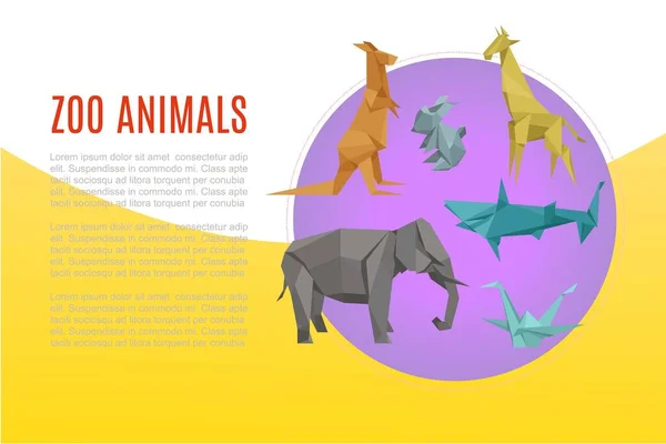 Djurzoo banner, tecknad exotisk natur, vektor illustration. Vild och zoo karaktär, djungel djurliv. Söt origami elefant — Stock vektor