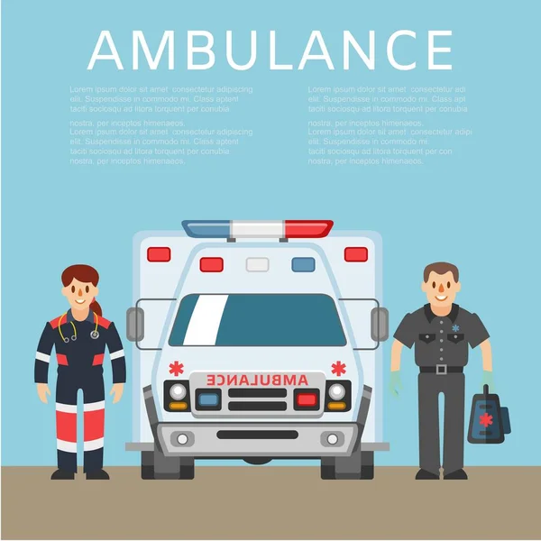 Ambulance, background information, emergency medical vehicle, transportation rescue, design cartoon style vector illustration. — Stock Vector