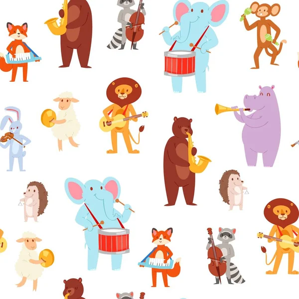 Animal musical, padrão de papel de parede sem costura padrão bonito, feliz, design, desenho animado estilo vetor ilustração, isolado no branco. —  Vetores de Stock