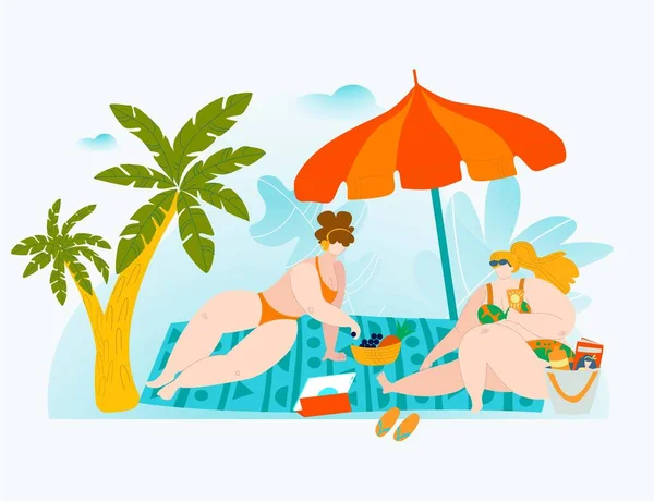 Cuerpo positivo vacaciones de verano, gente grande, hermoso traje de baño, diseño atractivo joven, ilustración vectorial estilo de dibujos animados. — Vector de stock
