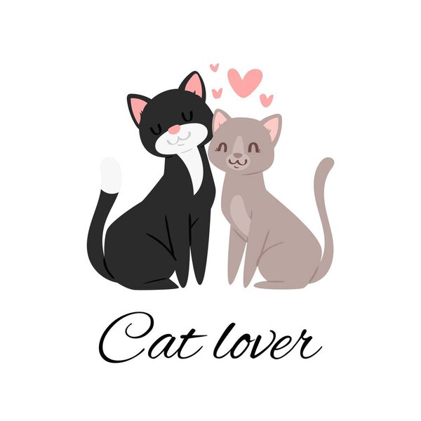 Cat lover lettering vector illustration, cartoon flat cute happy cats sitting together with pink loving hearts, pets on romantic dating