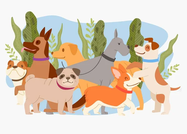 Composición de planta de perro, ilustración animal, mascota linda, diseño de boceto para perrito, amigo adorable, ilustración vectorial de estilo de dibujos animados. — Vector de stock