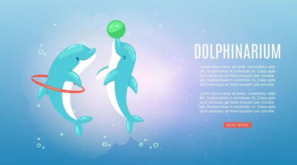 Delfinarium, Banner-Inschrift, Unterwasser-Ozean Natur, Meer blaue Delfinfische, Meeressäugetiere zeigen, Cartoon-Vektor-Illustration — Stockvektor