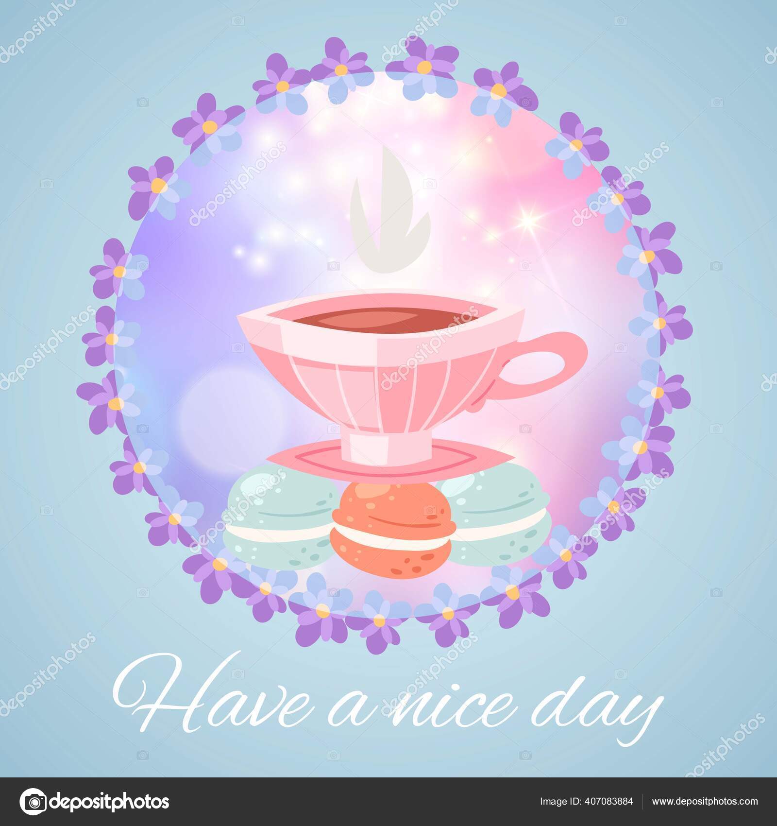Tenha um bom dia lettering café copo vetor ilustração, desenho animado copo  plano de bebida fresca quente, sobremesa doce em decoração floral imagem  vetorial de © VectorShow #407083884