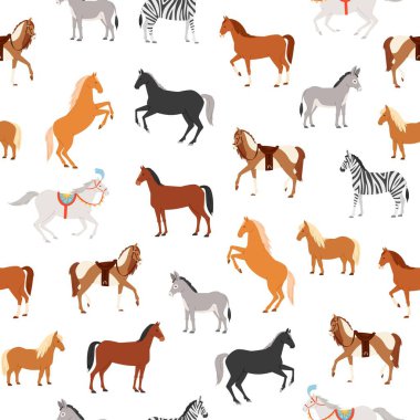 At, midilli, zebra ya da ayakta duran eşeğin de dahil olduğu kusursuz desenli vektör çizimleri, düz otobur ungulatlar.