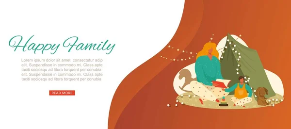 Bannière de lettrage de famille heureuse, amour parental pour les enfants, invitation mignonne, manuscrit, illustration vectorielle de style dessin animé design. — Image vectorielle