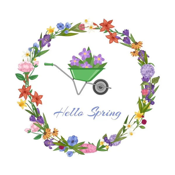 Hallo Frühling Schriftzug und Kranz Banner, helle florale Gestaltung, bunte Ornamente, Cartoon-Vektor-Illustration, isoliert auf weiß. — Stockvektor