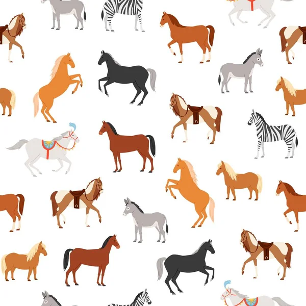 Chevaux illustration vectorielle de modèle sans couture, ongulés herbivores plats dessin animé comprend cheval, poney, âne zèbre en cours d'exécution ou debout — Image vectorielle