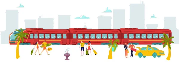 Voyage de vacances autour du monde train, circuit touristique chaud, monde peregrinate, bagages, conception, illustration vectorielle de style dessin animé. — Image vectorielle