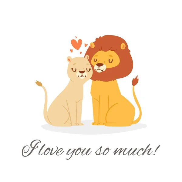 I love you lion lettering vector illustration, cartoon flat cute happy lion couple sitting together with pink loving hearts on romantic date — Stock Vector