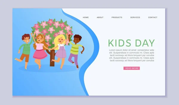 Journée des enfants, inscription sur la bannière web, enfants sur le site, personnes de nationalités différentes, illustration vectorielle de style dessin animé. — Image vectorielle