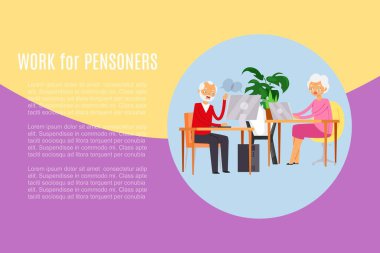 Work for pensioners, banner inscription, man at table, people in modern office, cartoon vector illustration, isolated on white. clipart