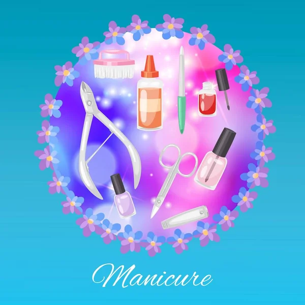 Fundo de manicure, beleza de moda, glamour cosméticos bonitos, conjunto de pedicure, design de salão, ilustração de vetor de estilo de desenho animado. — Vetor de Stock