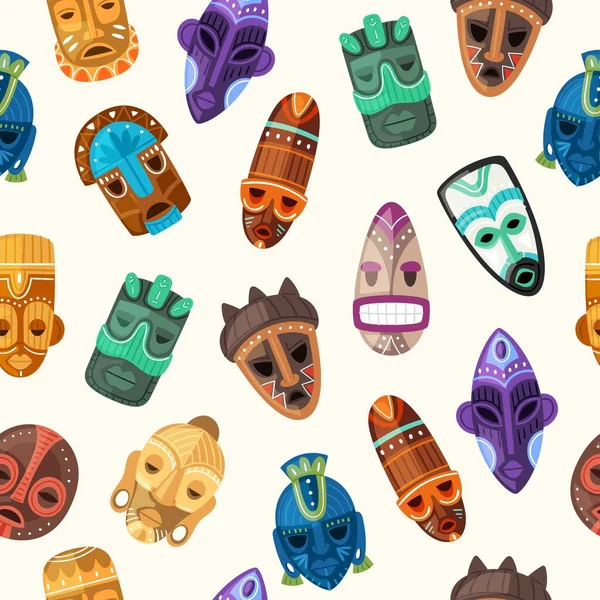 Máscara tribal étnica patrón sin costura ilustración vectorial, dibujos animados plana guerreros africanos máscaras faciales de madera o ceremonial afro antiguo tótem — Archivo Imágenes Vectoriales