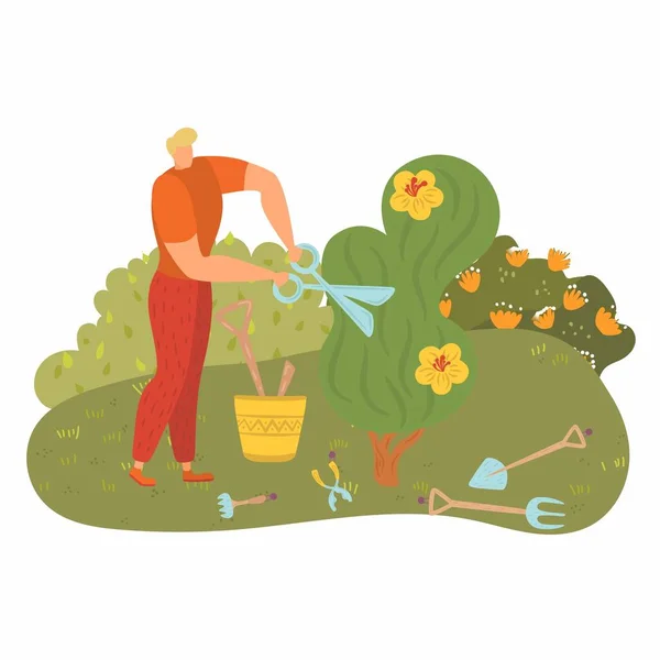 El hombre trabaja cerca del árbol, la gente se dedica a la jardinería, caricatura joven jardinero, vegetación cortada, diseño, ilustración vectorial estilo de dibujos animados. — Archivo Imágenes Vectoriales