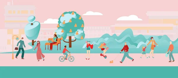 人々の都市フラットピンクの組成物、女性と女の子は、スポーツ、サイクリングやハイキングのための都市道路、漫画のベクトルイラストのために行く. — ストックベクタ