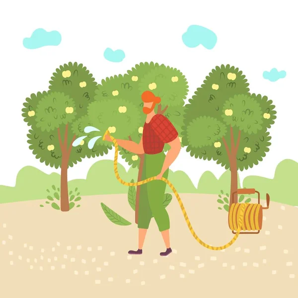 El hombre trabaja jardín, herramienta de uso, dedicarse a la jardinería, árbol de riego, jardinero de trabajo al aire libre, diseño en ilustración vectorial estilo dibujos animados. — Archivo Imágenes Vectoriales