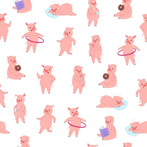 Piggy sem emenda padrão vetor ilustração, desenho animado plana porquinho bonito fazendo exercícios esportivos, animal de estimação feliz engraçado comer donuts, livro de leitura —  Vetores de Stock