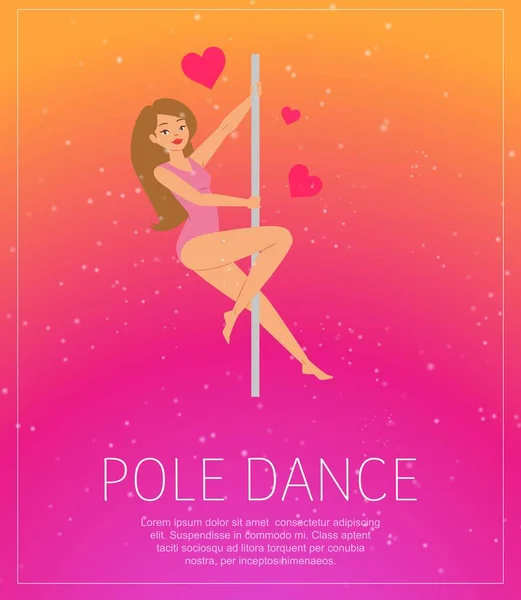 Chica bailando cerca de póster polo, información de fondo, demostración de la muchacha joven, arte de la danza, diseño de dibujos animados estilo vector ilustración. — Archivo Imágenes Vectoriales