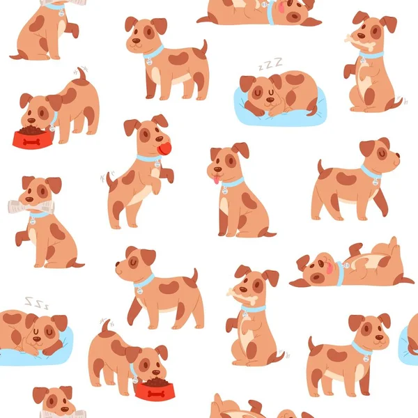Puppy seamless pattern vector illustration, cartoon flat cute happy little dog walking, funny pet eating bone food from bowl plate, sleeping — Stock Vector