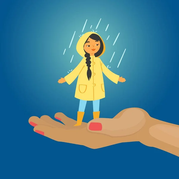 Menina alegre na chuva, fundo azul, feliz, colorido dia de outono, criança sem guarda-chuva, desenho desenho animado estilo vetor ilustração —  Vetores de Stock