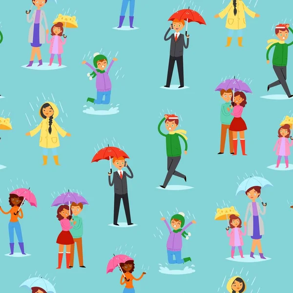 Les gens sous la pluie motif sans couture vectoriel illustration, dessin animé plat homme femme couple ou famille personnages marcher et courir sous parapluie — Image vectorielle