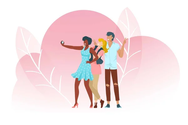 As pessoas tomam selfies, composição rosa com folhas, adulto, bela foto da juventude, dispositivo móvel, ilustração vetorial estilo cartoon. — Vetor de Stock