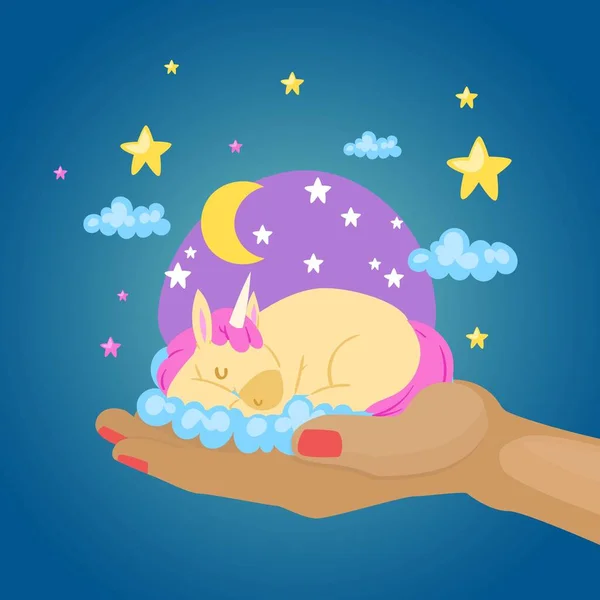 Unicórnio colorido adormecido, fantasia mundo de fantasia animal mágico, mão do bebê, sonho doce bonito, ilustração vetorial de estilo de desenho animado. — Vetor de Stock