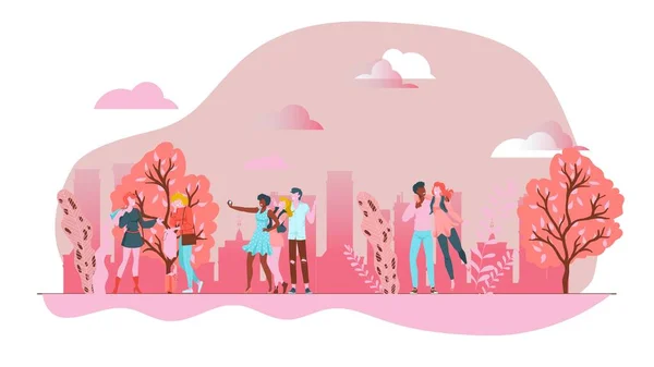 Parque rosa da mola com povos engraçados, paisagem urbana exterior, ilustração do vetor do estilo dos desenhos animados do projeto, isolado no branco. — Vetor de Stock