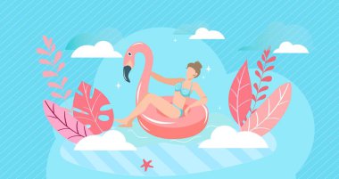Yaz tatili, yüzme kız denizi, seyahat tatili, kadın plajı, mutlu tatil beldesi, tasarım, çizgi film stili illüstrasyon.