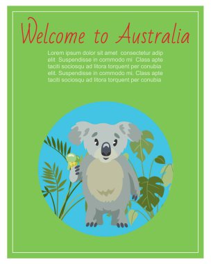 Avustralya 'ya hoş geldiniz, poster harfleri, çeşitli vahşi yaşam, Avustralya memeli dostu kıta, karikatür tarzı vektör çizimi.