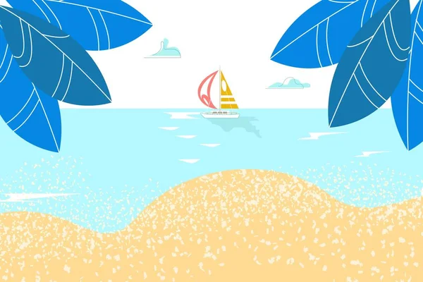 Repos d'été, singe marin, plage de sable paradisiaque, ciel tropical ensoleillé, baie tranquille, vacances océaniques, illustration vectorielle de style dessin animé — Image vectorielle