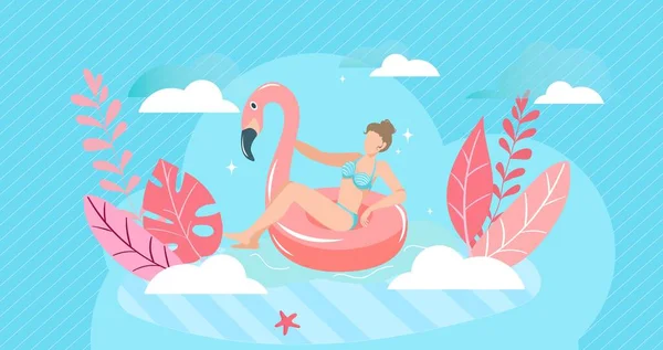 Férias de verão, mar da menina da natação, férias de viagem, praia da mulher, recurso feliz, projeto, ilustração do vector do estilo dos desenhos animados. — Vetor de Stock