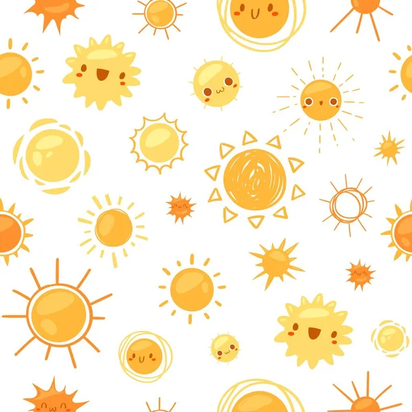 Illustration vectorielle de motif sans couture soleil, dessin animé plat joyeux et drôle de personnages de soleil avec des visages souriants brillants, design jaune décoratif — Image vectorielle