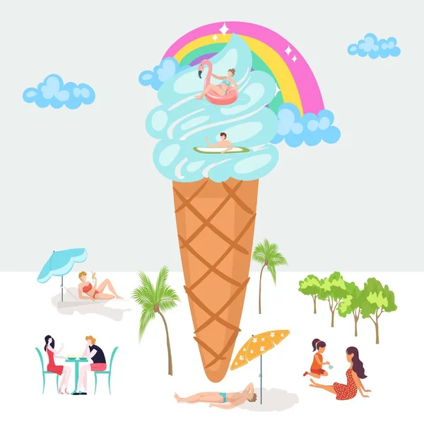 Folklore de los turistas, playa del mar, gente minúscula sobre helado abstracto azul, tiempo de la diversión, diseño, ilustración vectorial del estilo de la historieta. — Vector de stock