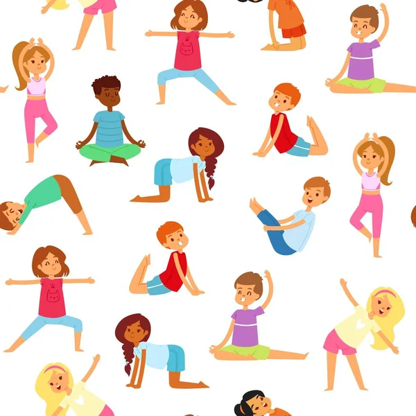 Motivo senza cuciture per bambini di yoga, ragazze e ragazzi fanno sport, fitness sano, illustrazione vettoriale in stile cartone animato di design, isolato su bianco — Vettoriale Stock