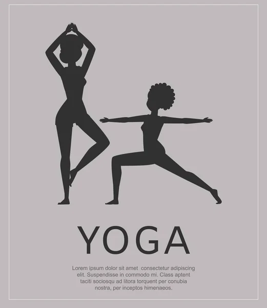 Inscripción de yoga en pancarta, silueta hermosa chica, relajación tranquila, pose para la meditación, ilustración vectorial de dibujos animados de diseño. — Archivo Imágenes Vectoriales