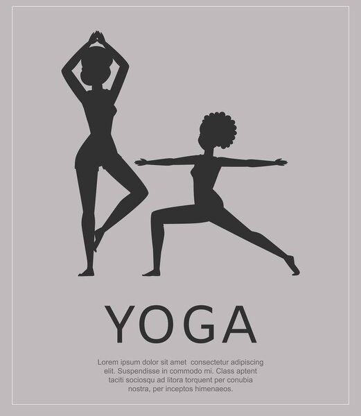 Надпись йоги на плакате, силуэт красивая девушка, спокойная релаксация, поза для медитации, дизайн векторной иллюстрации мультфильма. Стоковый вектор