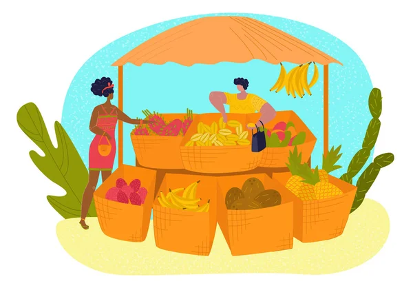 Puesto del mercado, fruta tropical fijada en estilo plano, tienda sana, jugosa de la comida, venta al por menor, ilustración del vector de la historieta, aislada en blanco. — Archivo Imágenes Vectoriales