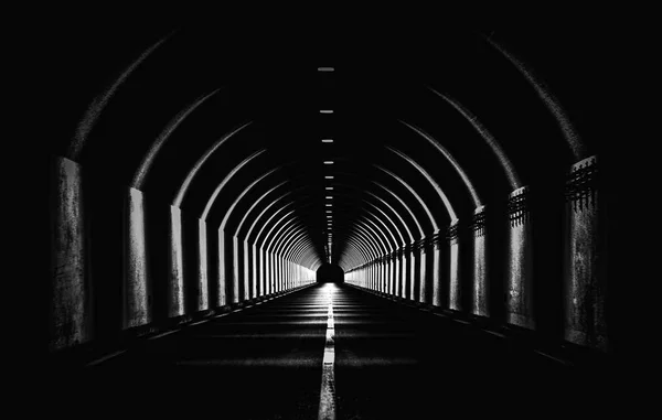 Dramatic Black White Monochrome Highway Tunnel Night Time Light Shapes Dark Abstract — Stock Photo, Image