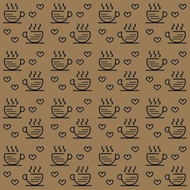 Kahve fincanının kusursuz deseni ve koyu kahverengi arka planda siyah kalp simgeleri.