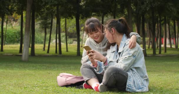 Dos asiático colegio chica usando móvil teléfono en campus — Vídeo de stock