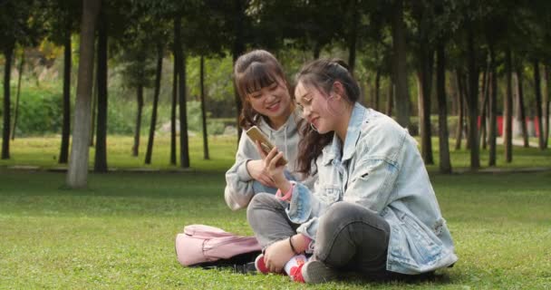 Two asian college girl using mobile phone in campus — Stock Video