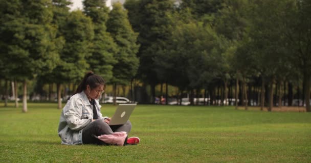 Asiática chica universitaria ocupado usando ordenador portátil en el césped en el campus — Vídeos de Stock