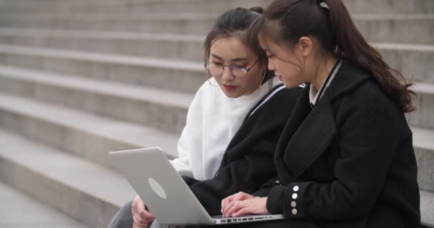 Dois estudantes bonitos chineses usando laptop juntos e falando alegremente — Vídeo de Stock