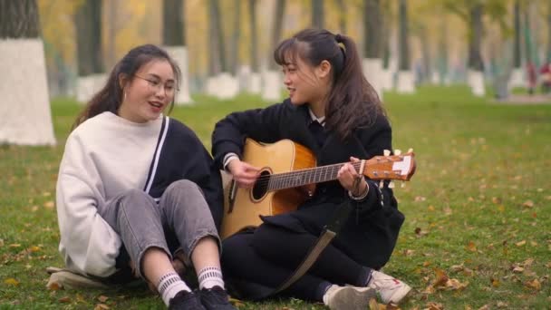 Ung vän spelar musik tillsammans utomhus slow motion — Stockvideo
